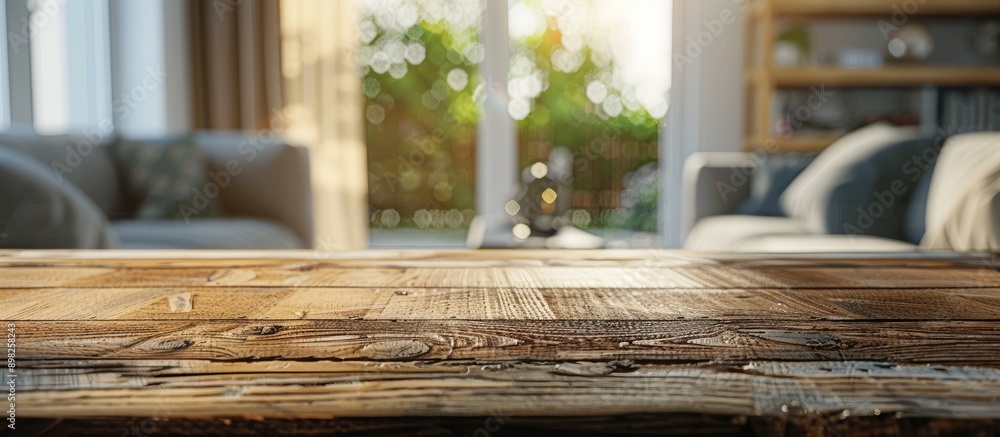 Aufkleber blurry living room in the background of a tabletop with room for a copy space image
