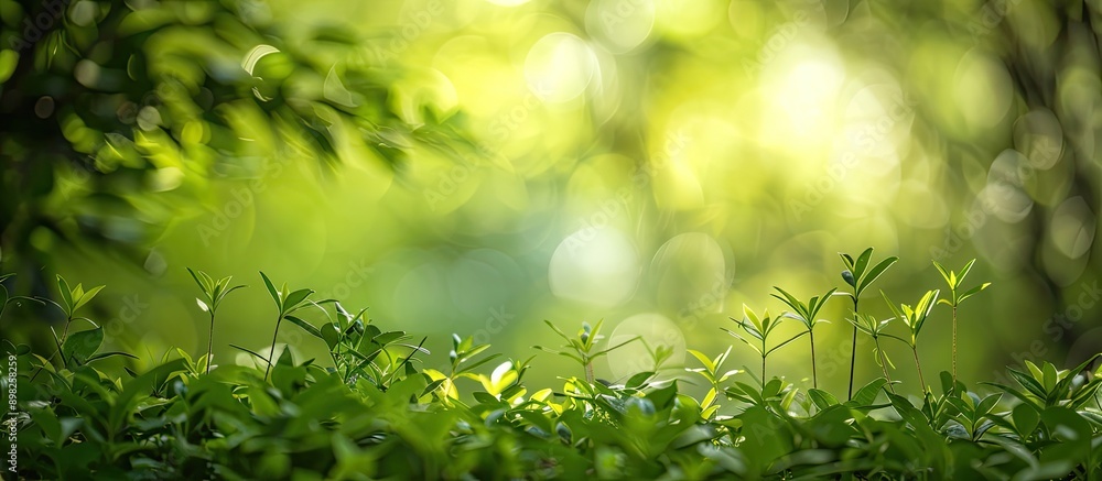 Poster blurry green foliage in the background creates an abstract summer scene with copy space image opport