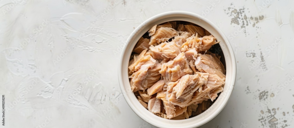 Poster Top view of canned tuna in a white bowl on a white background with soft lighting in a studio shot allowing for copy space in the image