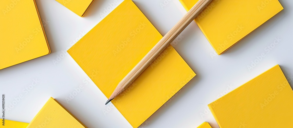 Fototapete An array of blank yellow notepads showcased with a wooden pencil against a white background for a copy space image