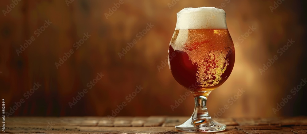Poster Amber beer in a glass with foam on a dark brown background featuring ample copy space image Selective focus enhances the scene