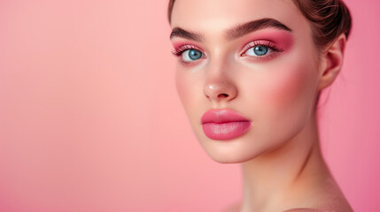 Close up portrait of stunning pretty woman with chiseled features, pink make up on pink background illuminated