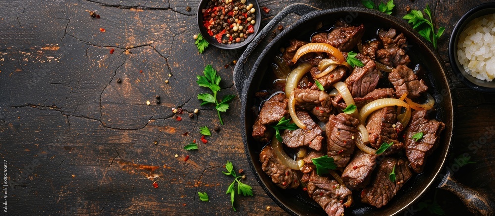 Aufkleber Beef steak with onions and spices sizzling in a pan on a rustic table with a copy space image promising a delectable lunch experience