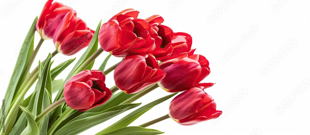 Poster a close up isolated bunch of vibrant red tulips on a white background ideal for a copy space image w