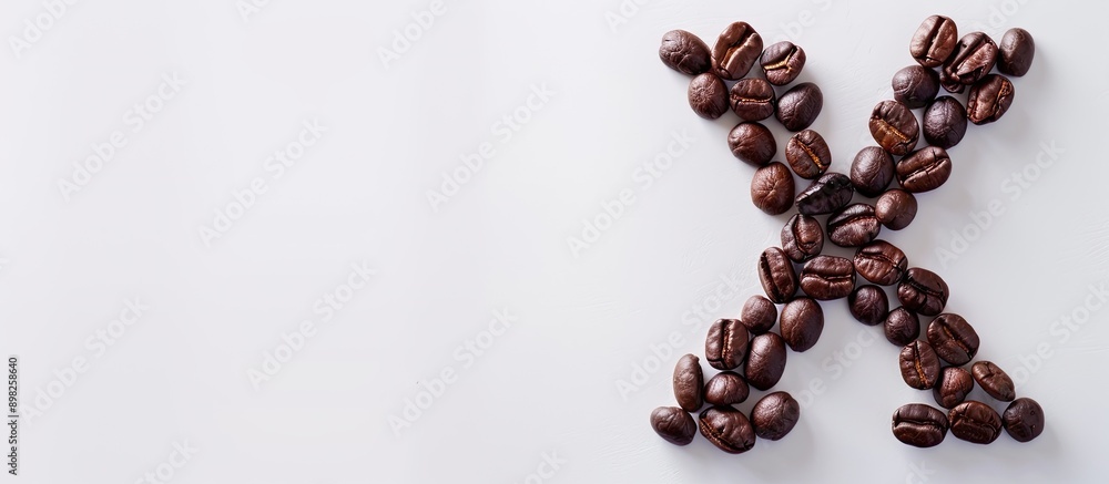 Poster top view coffee bean composed capital and lowercase alphabet x on white background with copy space i