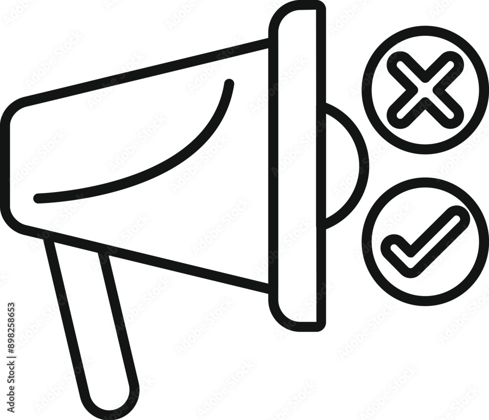 Poster line art icon of a megaphone with a checkmark and an x mark, representing making a decision