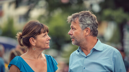 Fototapeta premium A middle-aged couple engaging in a lively conversation outdoors, depicting communication and relationships.