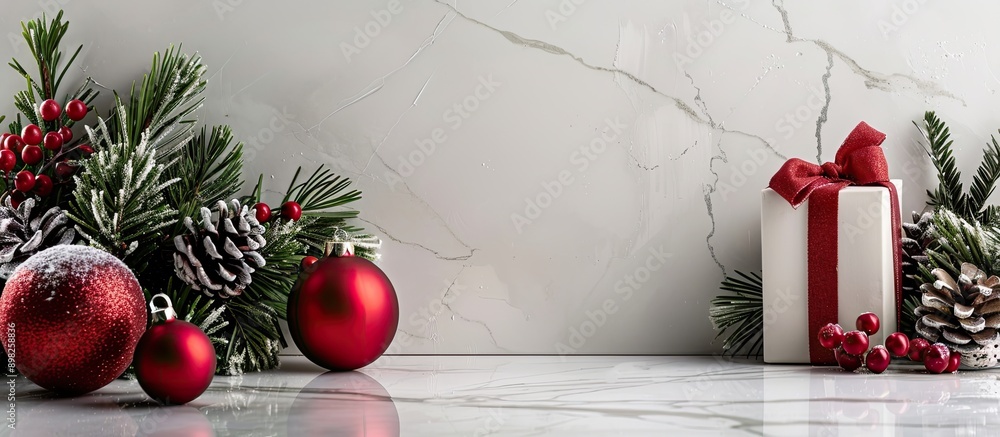Poster decorative christmas items displayed against a white backdrop including a red ornament and a gift bo