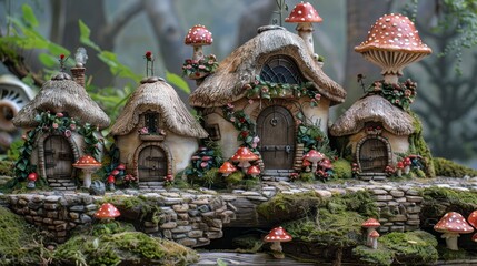 Fototapeta premium A tight shot of a cluster of miniature houses topped with mushrooms