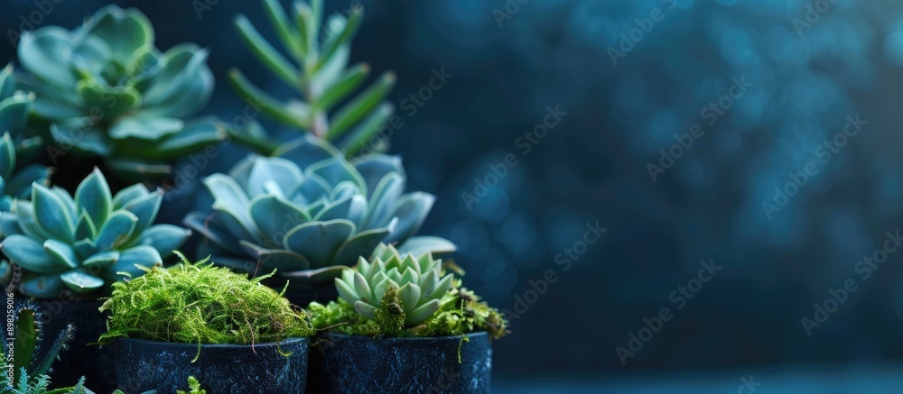 Aufkleber isolated dark potted succulent and cactus plants with decorative moss with a background for copy spa