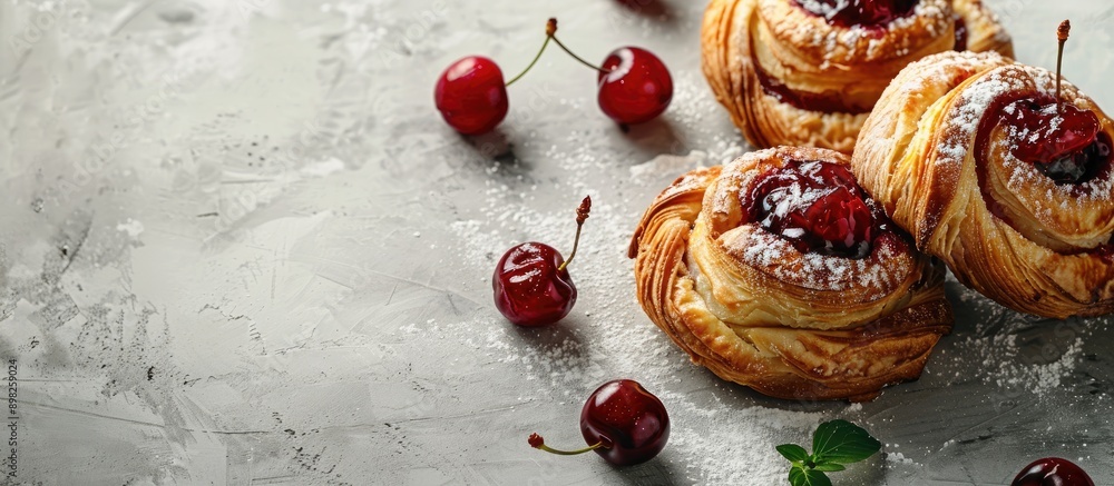 Poster delicious pastries with cherry jam on a bright background with copy space image