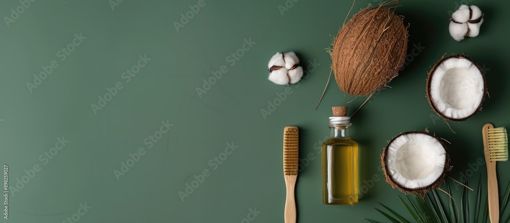 Poster a collection of eco friendly items like coconuts a glass bottle of natural oil a brush and cotton ar