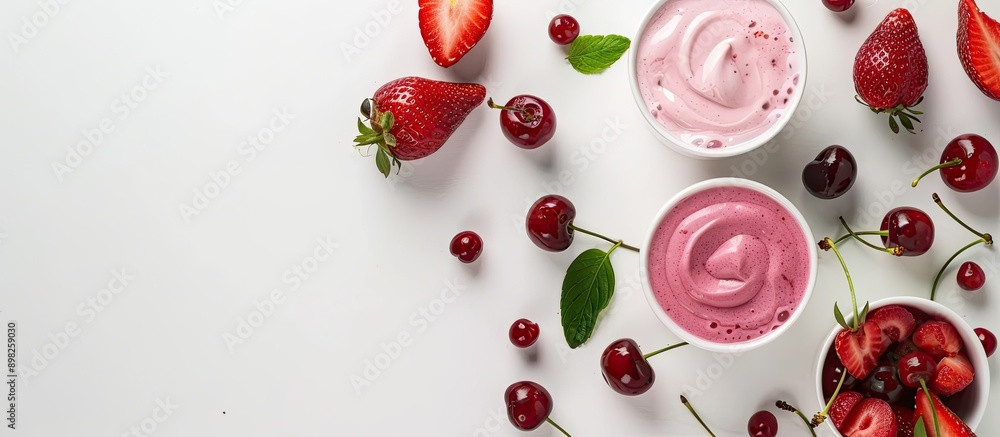 Poster top view of delectable desserts featuring strawberries and cherry smoothies curd yogurt on a white b