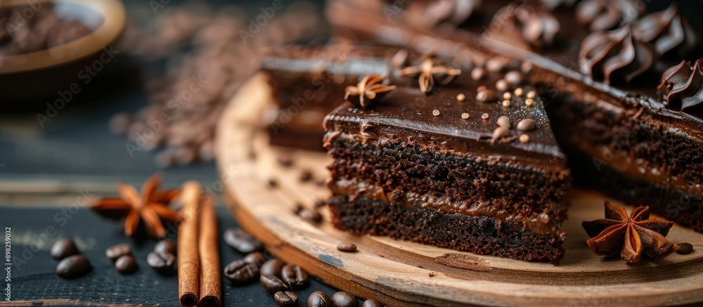 Aufkleber delicious chocolate cake paired with aromatic black coffee topped with coffee beans cinnamon and ani