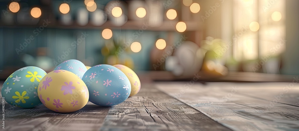 Poster desk with easter eggs arranged for display presenting a vibrant copy space image
