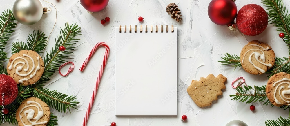 Aufkleber Cheerful Christmas setup with cookies candy canes fir branches ornaments and a notepad with a message for Santa on a white page ideal for a copy space image