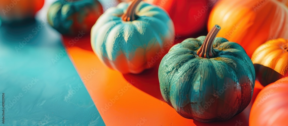 Poster diverse colored pumpkins set against a 3d blue and orange background with copy space image embodying