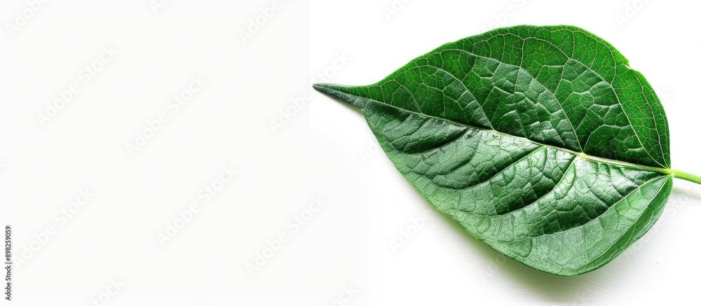 Poster close up of a green leaf isolated on a white background in a garden with copy space image ideal for 
