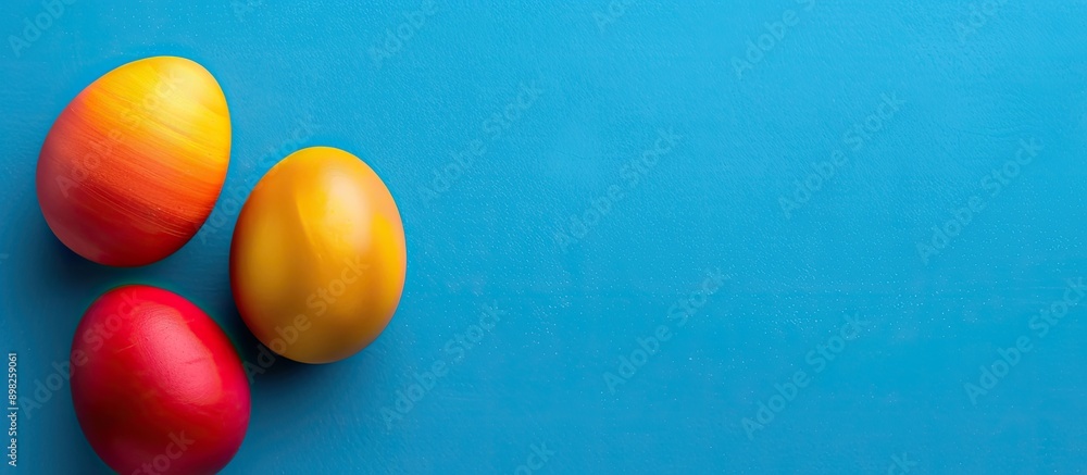 Leinwandbilder a blue background features three vibrant easter eggs in red yellow and orange hues providing ample c