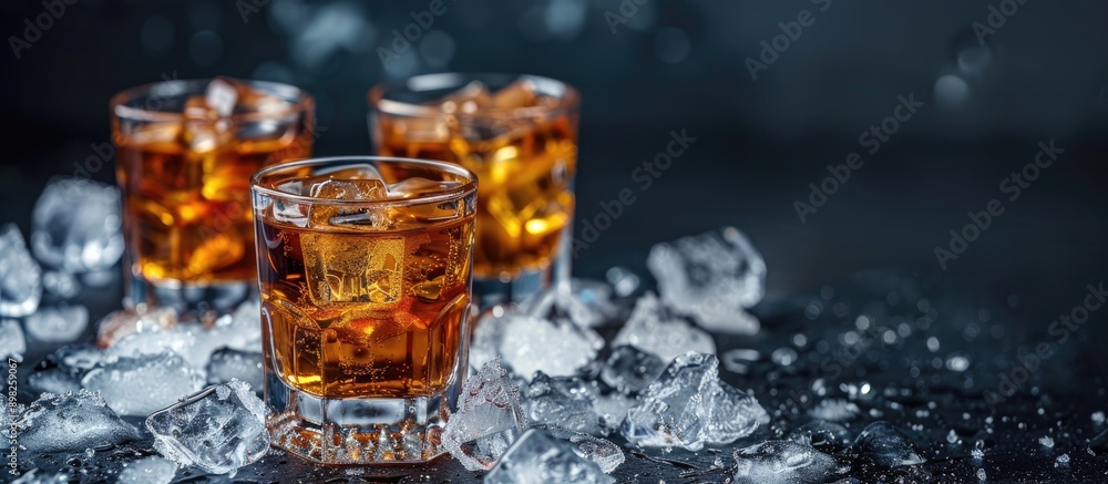 Poster Dark background with vodka shots in glasses over ice providing a copy space image and using selective focus