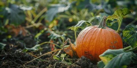 A single pumpkin sits in a rural field, surrounded by nature
