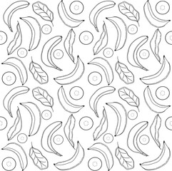 Bananas, fruits, leaves, seamless repeating pattern with stroke
