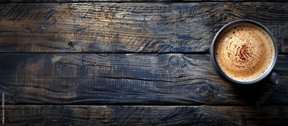 Poster top view of a cappuccino topped with milk on a dark wooden surface showcasing a free copy space imag