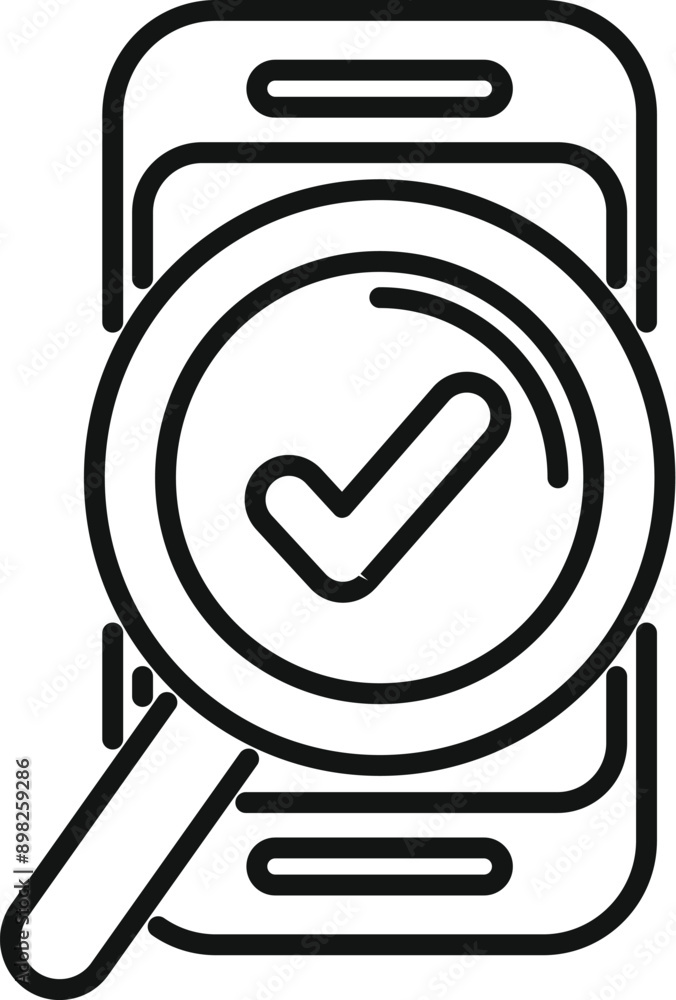 Poster magnifying glass is inspecting a smartphone with a check mark icon, representing the concept of mobi