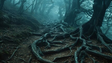 Fototapeta premium A path slices through the heart of a fog-shrouded forest, flanked by a solitary tree root on its edge