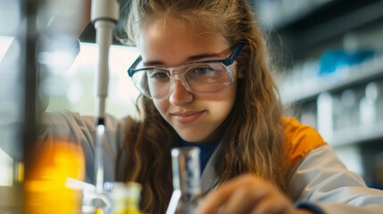 A young scientist conducts an experiment in a modern chemistry lab