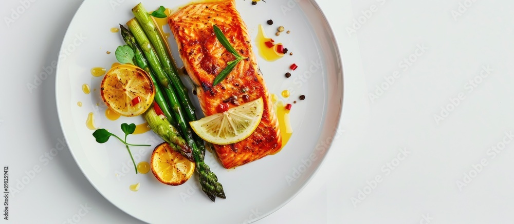 Aufkleber top view of a delectable baked salmon dish with lemon asparagus and spices presented on a white plat