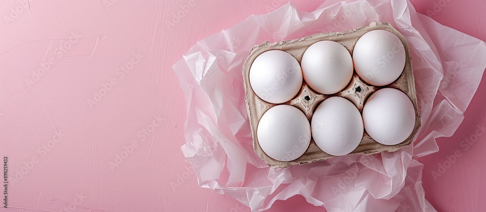 Poster top view of a carton box with six white eggs on a pink paper background conveying easter joy with co