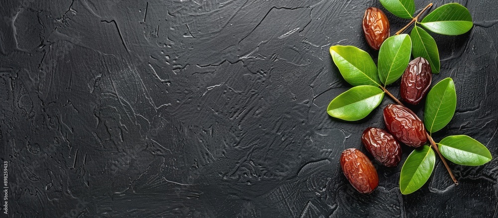 Aufkleber Flat lay composition featuring branches of sweet dried dates a green leaf on a black table ideal for text placement in copy space image