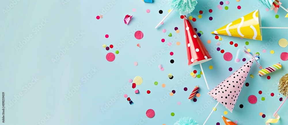 Poster flat lay composition with party accessories like hats confetti and blowers arranged on a light blue 