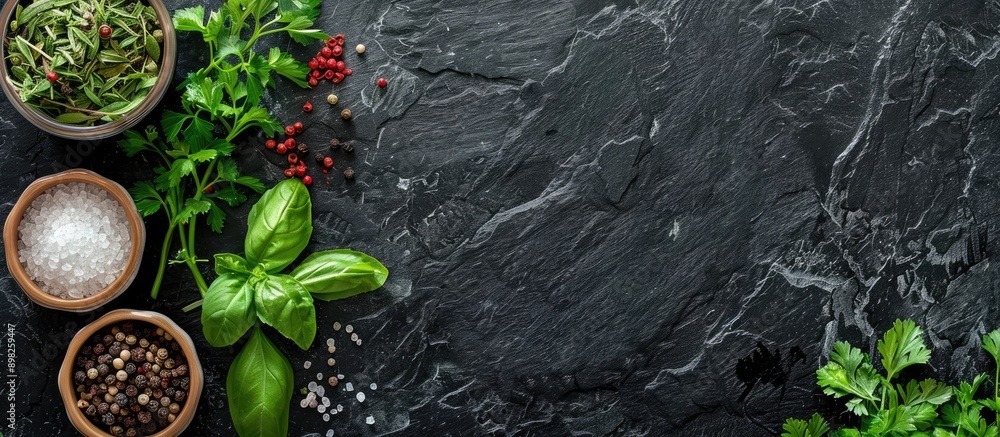 Poster Assorted herbs spices and greens for cooking displayed on a black slate table background viewed from above with empty space for text or image insertion. Creative banner. Copyspace image