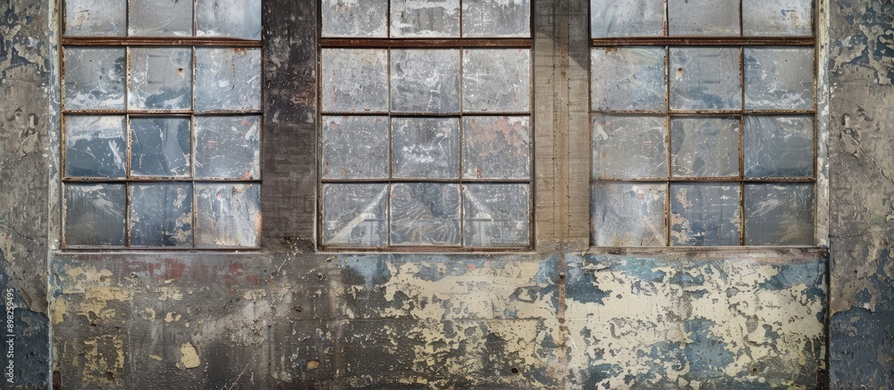 Poster texture of an aged wall featuring large panoramic windows providing a copyspace image