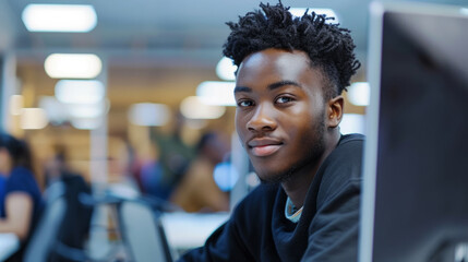 Focused student working on a coding project in a modern classroom