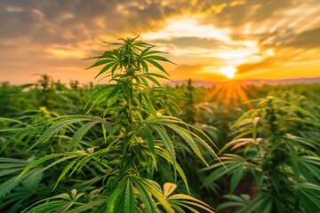 Cannabis Field at Sunset. Lush Ganja Plants in Natural Hemp Background