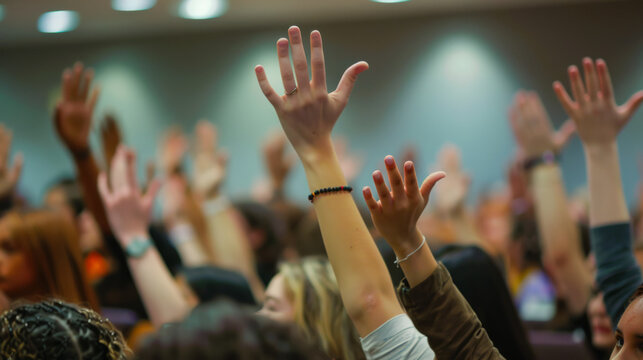 Students raise hands to answer questions in a classroom setting