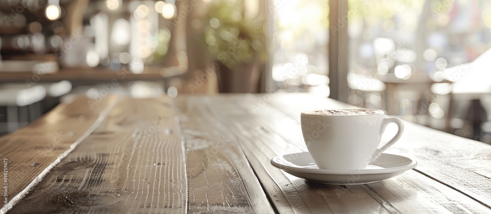 Poster Coffee cup on a table in a cafe with a copy space image