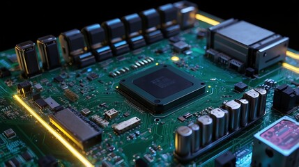 Fototapeta premium Detailed Electronic Circuit Board - Microchip and Components with Neon Lighting