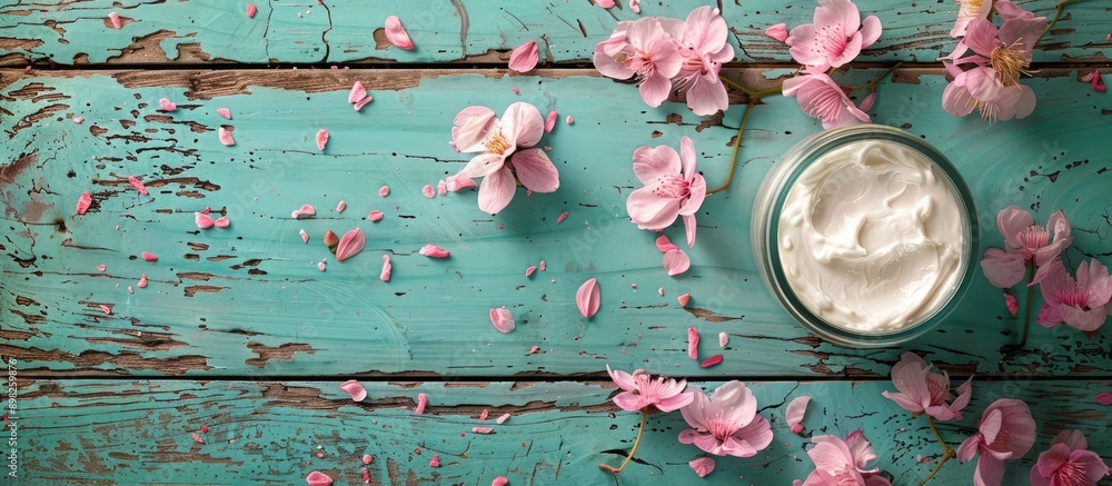 Aufkleber cream for hands and face featuring pink flowers on a vibrant weathered wooden surface with ample cop