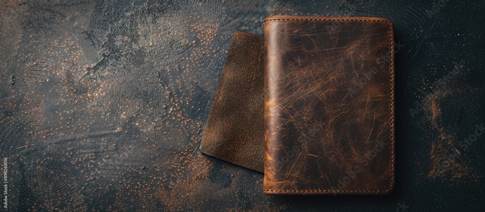Poster Brown leather wallet fragment on a dark backdrop with copy space image