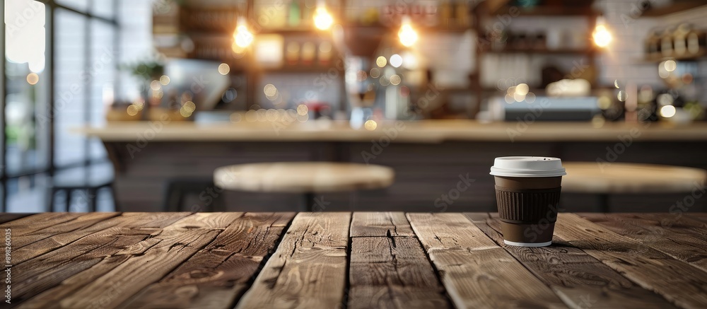 Fototapete coffee shop background with bokeh showcasing an empty brown wooden table ideal for product display a