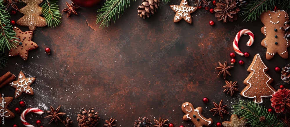 Poster top view of a christmas themed copy space image featuring gingerbread cookies and decorations in the