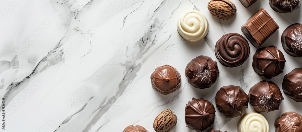 Poster delicious mix of chocolate candies with vanilla chocolate and pistachio cream on a marble backdrop s
