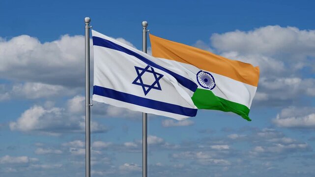 India and Israel flags flying together, video concept of the relationship, two country relations concept