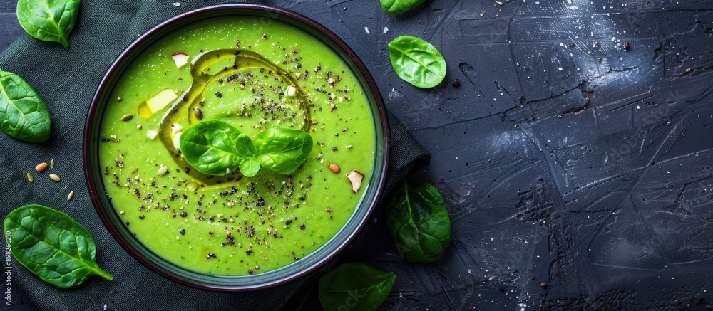 Poster Creamy avocado soup with spinach presented in a top view setting featuring a diet food concept with vegetarian and vegan options shown in a copy space image