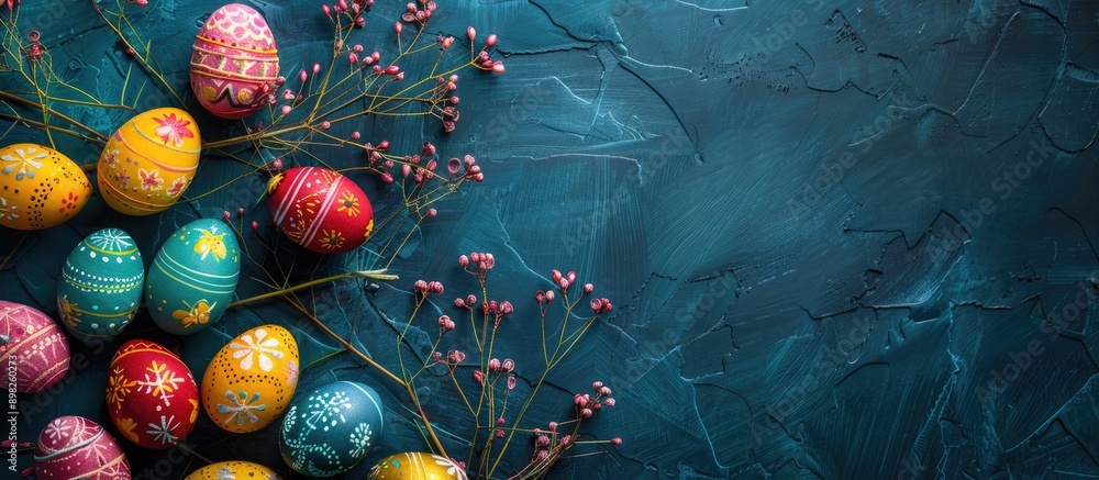 Poster desk with easter eggs arranged for display presenting a vibrant copy space image