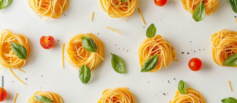 Poster a top down view of homemade spaghetti with tomato and basil sauce on a white background creating an 